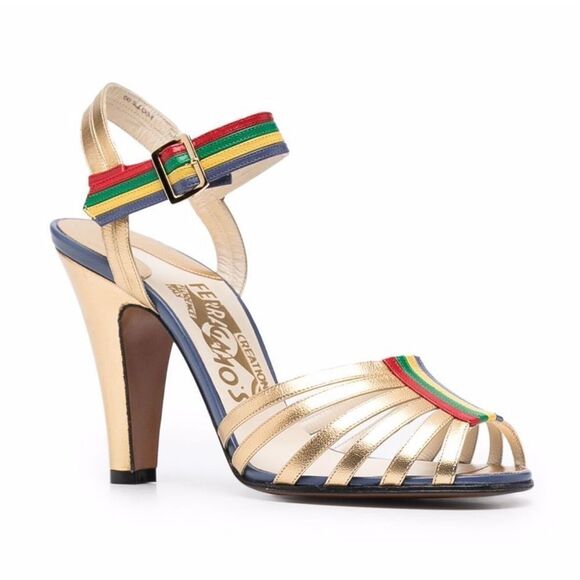 SALVATORE FERRAGAMO CREATIONS Sandals Red Gold/multicolour leather Luxe strappy - Picture 9 of 9